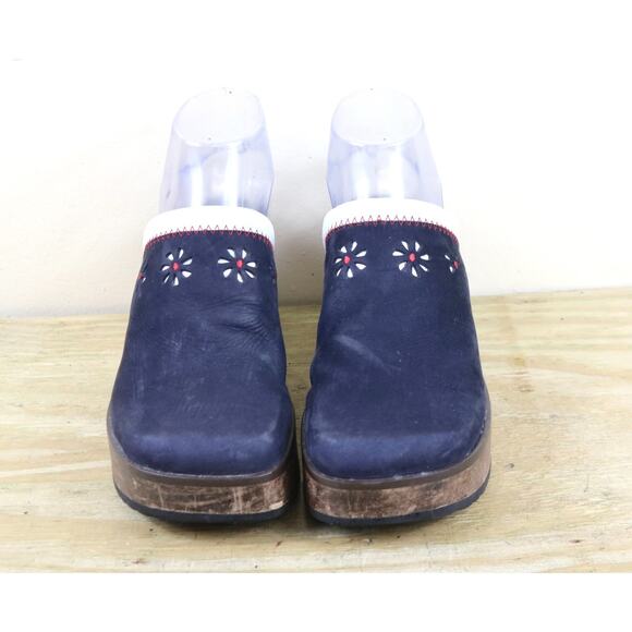 Vintage Tommy Hilfiger Shoes 7.5M Blue Leather Wooden Platform Chunky Y2K Clogs - Picture 2 of 11
